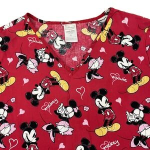 Disney Mickey and Minnie‎ Mouse Womens Scrub Top Medium Front Pockets Red